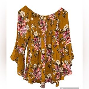 Mustard Colored Floral Babydoll Top with Tapered Sleeve Detail